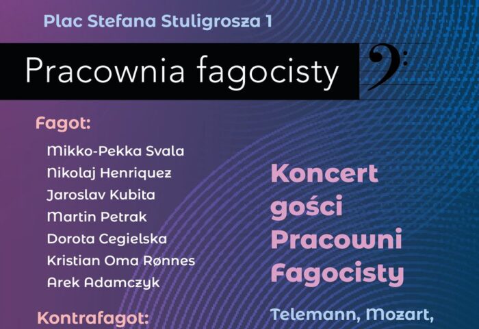 Na fioloetowo-niebieskim tle znajdują się informacje na temat wykonawców i kompozytorów, których utwory zabrzmią podczas Koncertu Gości Pracowni 10 lutego 2023