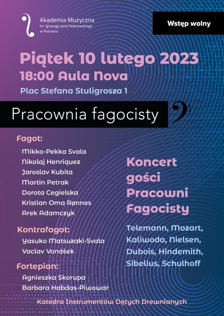 Na fioloetowo-niebieskim tle znajdują się informacje na temat wykonawców i kompozytorów, których utwory zabrzmią podczas Koncertu Gości Pracowni 10 lutego 2023