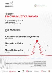 Biały plakat może przedstawiać choinkę i informacje na temat koncertu pt. Zimowa muzyka świata