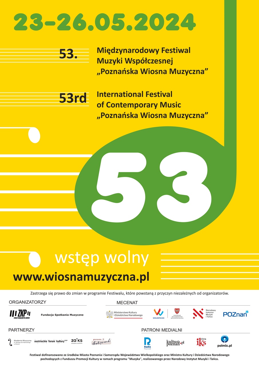 Plakat o kolorze żółtym zawiera informacje na temat festiwalu Poznańska Wiosna Muzyczna 2024