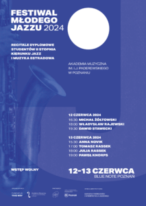 Plakat Festiwalu Młodego Jazzu 2024 zawiera na niebieskim tle nazwiska występujących na recitalach studenkich