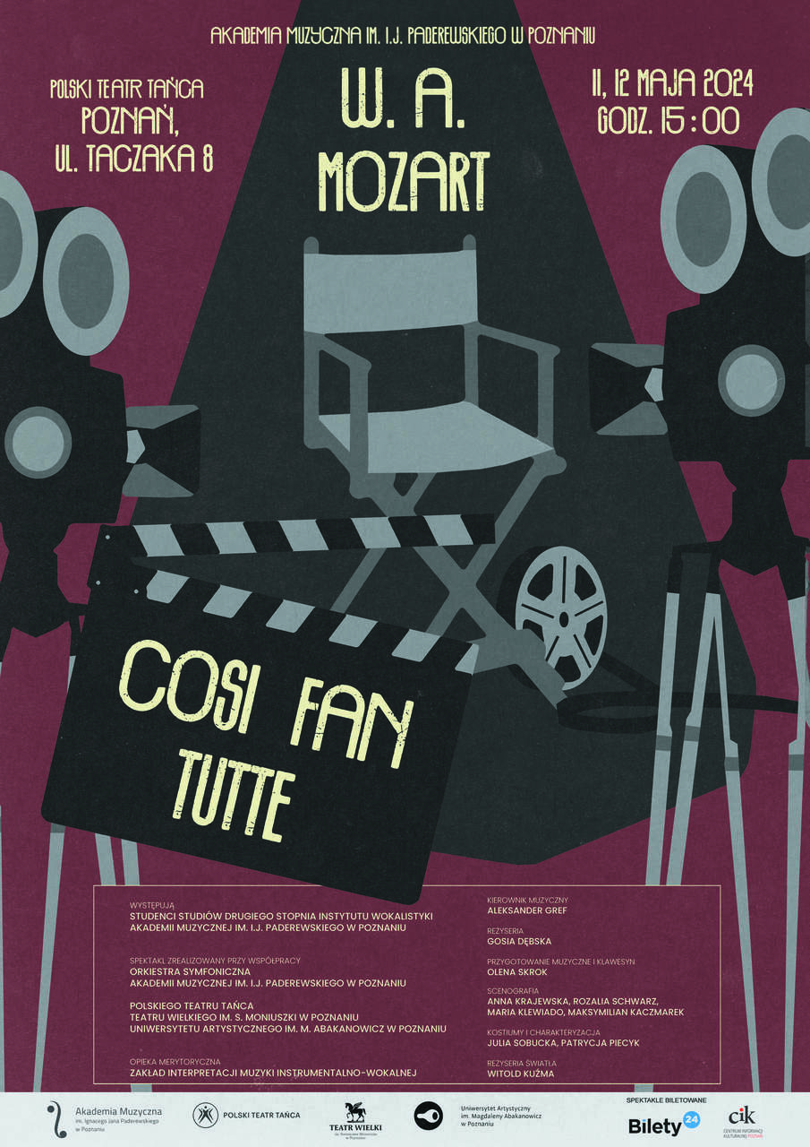 Afisz zawiera informacje na temat spektaklu Cosi fan tutte w dniach 11 i 12 maja 2024