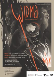 Afisz autorski spektaklu Widma S. Moniuszki na podstawie II części Dziadów A. Mickiewicza - grafika głównie czarno-biała przedstawia tajemniczą postać z laską w ręku obok płomienia