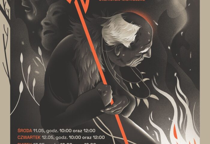 Afisz autorski spektaklu Widma S. Moniuszki na podstawie II części Dziadów A. Mickiewicza - grafika głównie czarno-biała przedstawia tajemniczą postać z laską w ręku obok płomienia